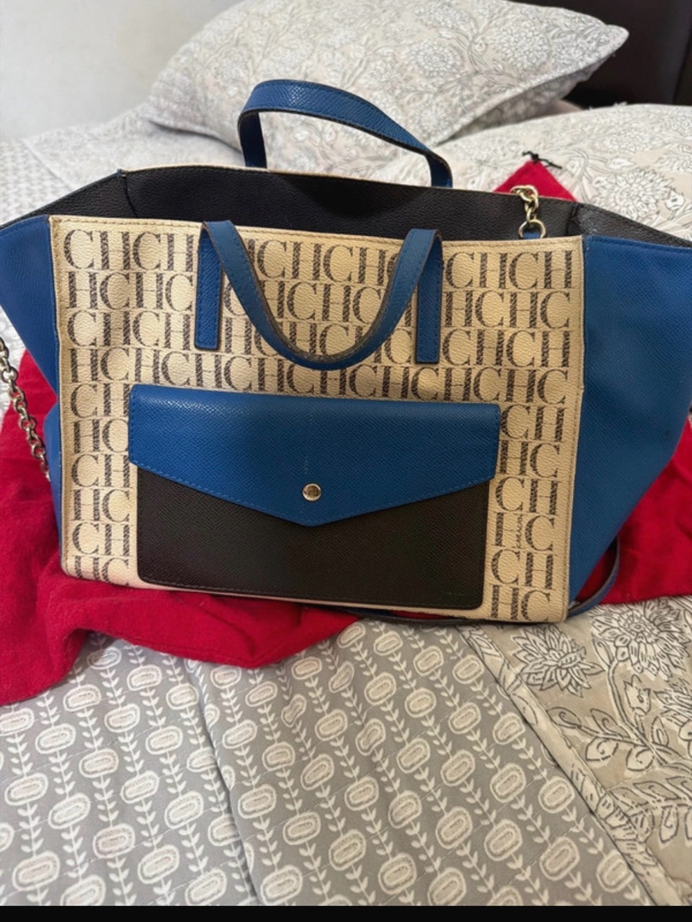 Carolina Herrera Blue, Black and Beige CH Logo Tote